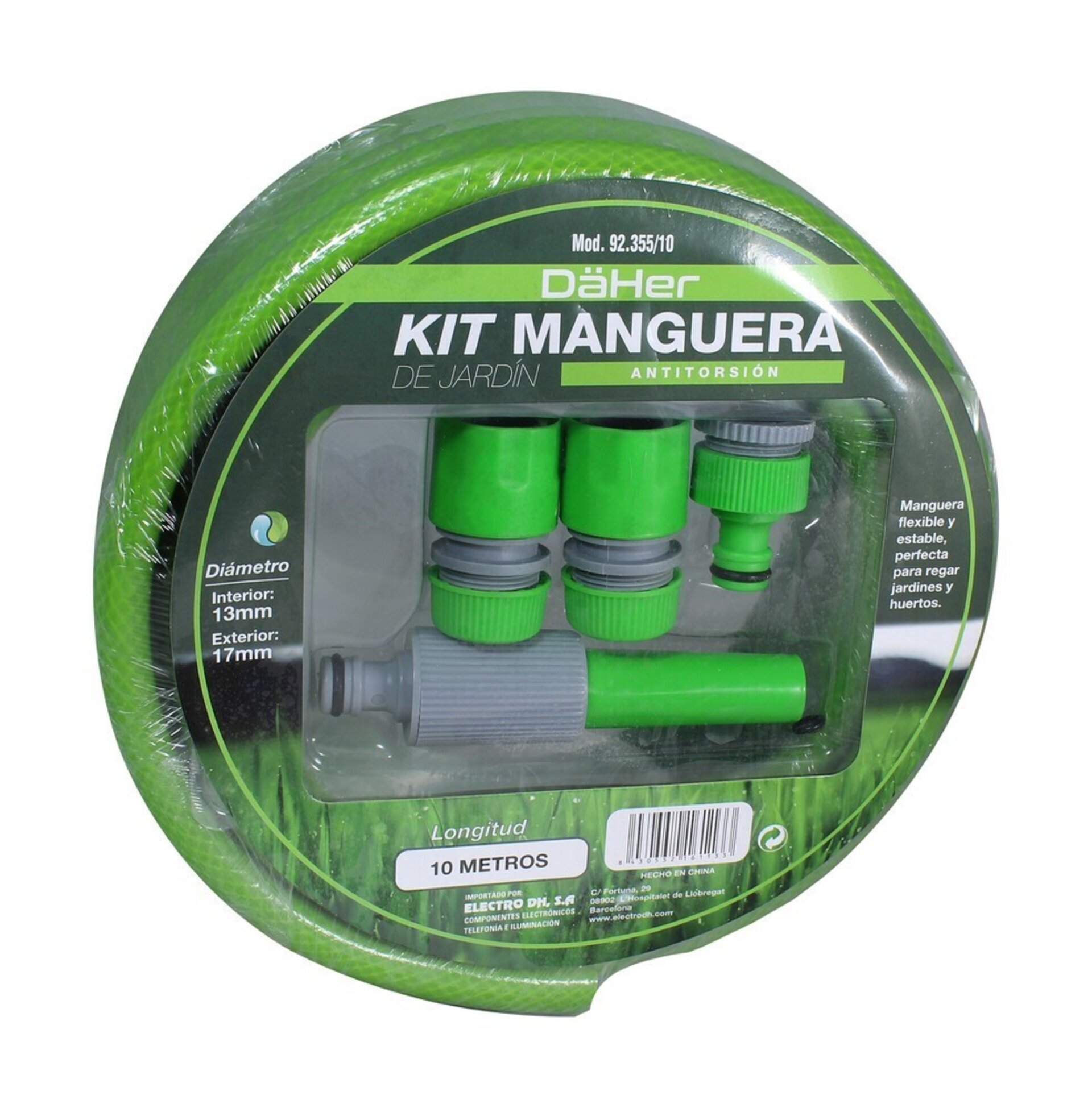 Kit manguera jardin 10m, antitorsion, accesorios, soporte - 1