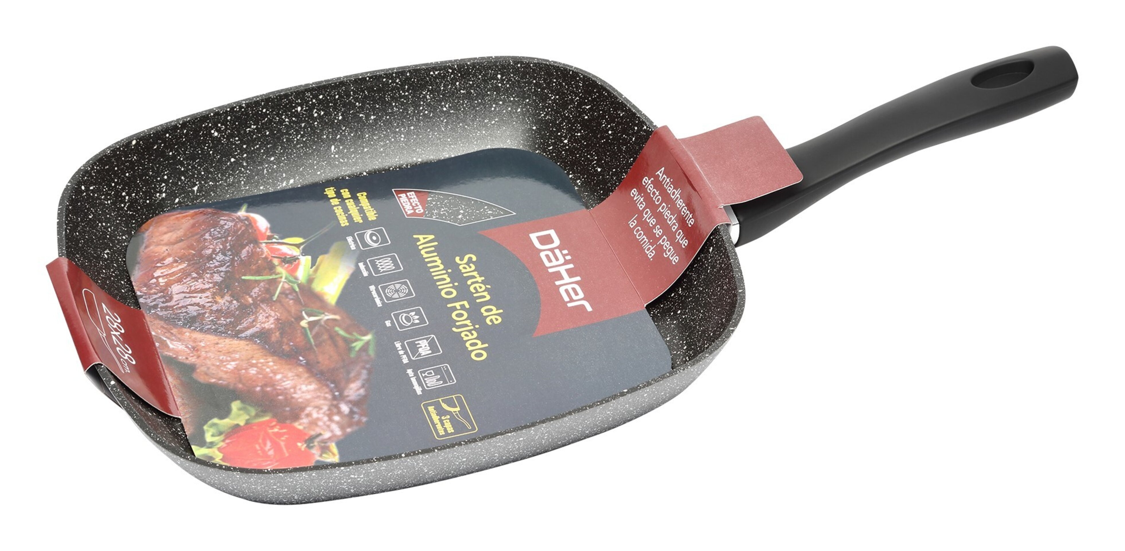 Sartén tipo grill de aluminio forjado, medidas 28x28 cm, compatible - 1