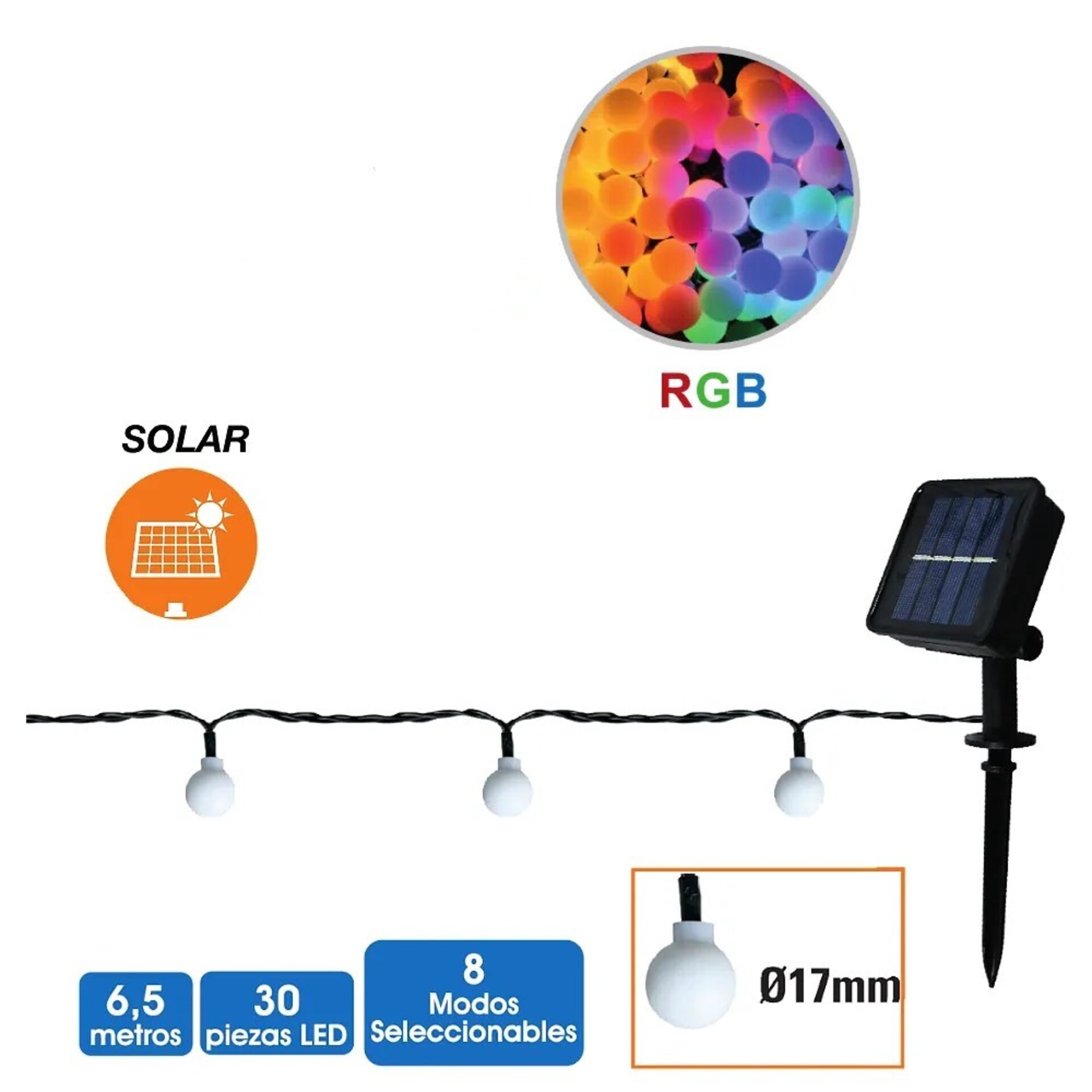 Guirnalda solar RGB, 30 mini bombillas led , 6,5 metros - 5