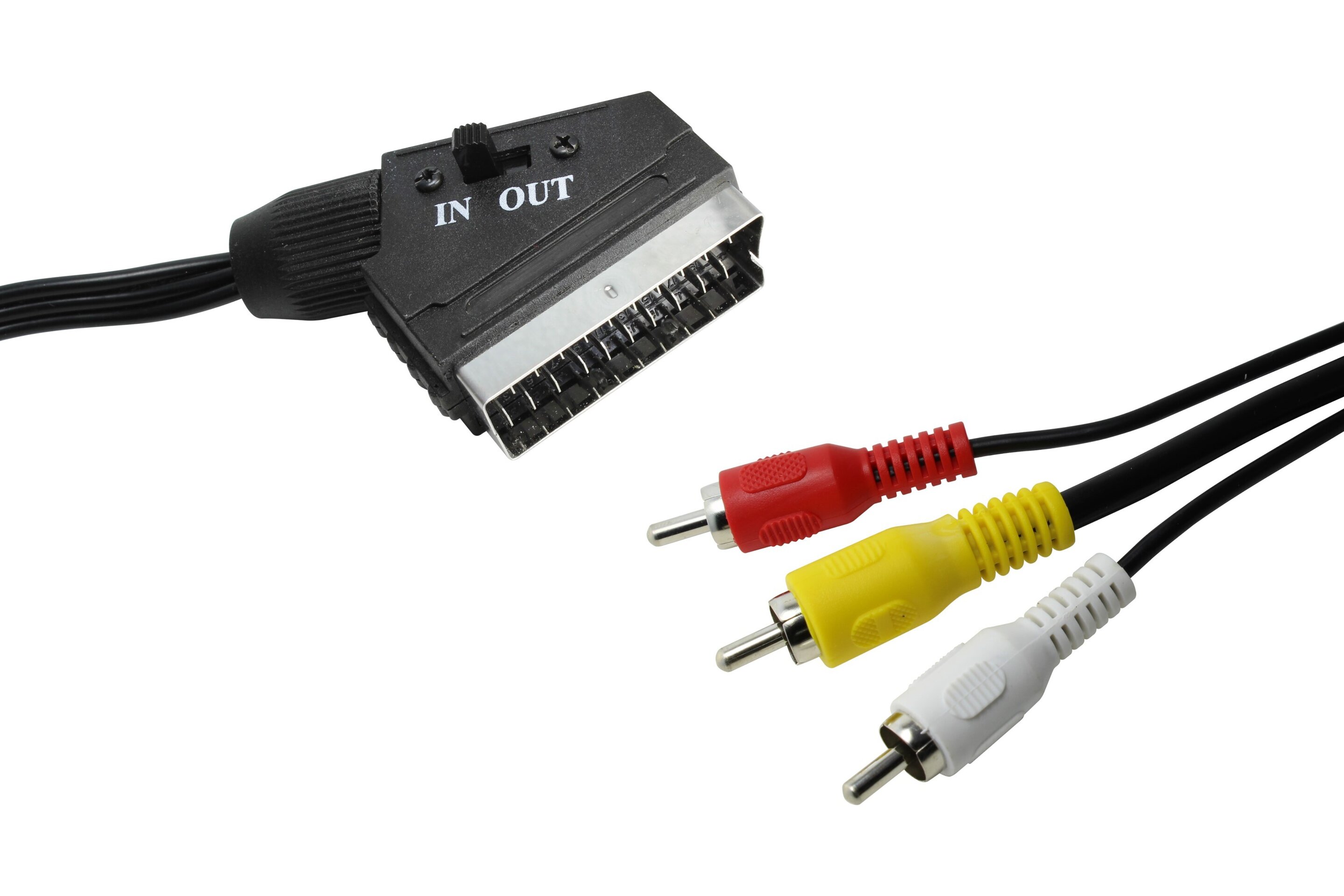 Conexion Euroconector a 3 RCA con interruptor in-out, audio y video 1,5m - 1