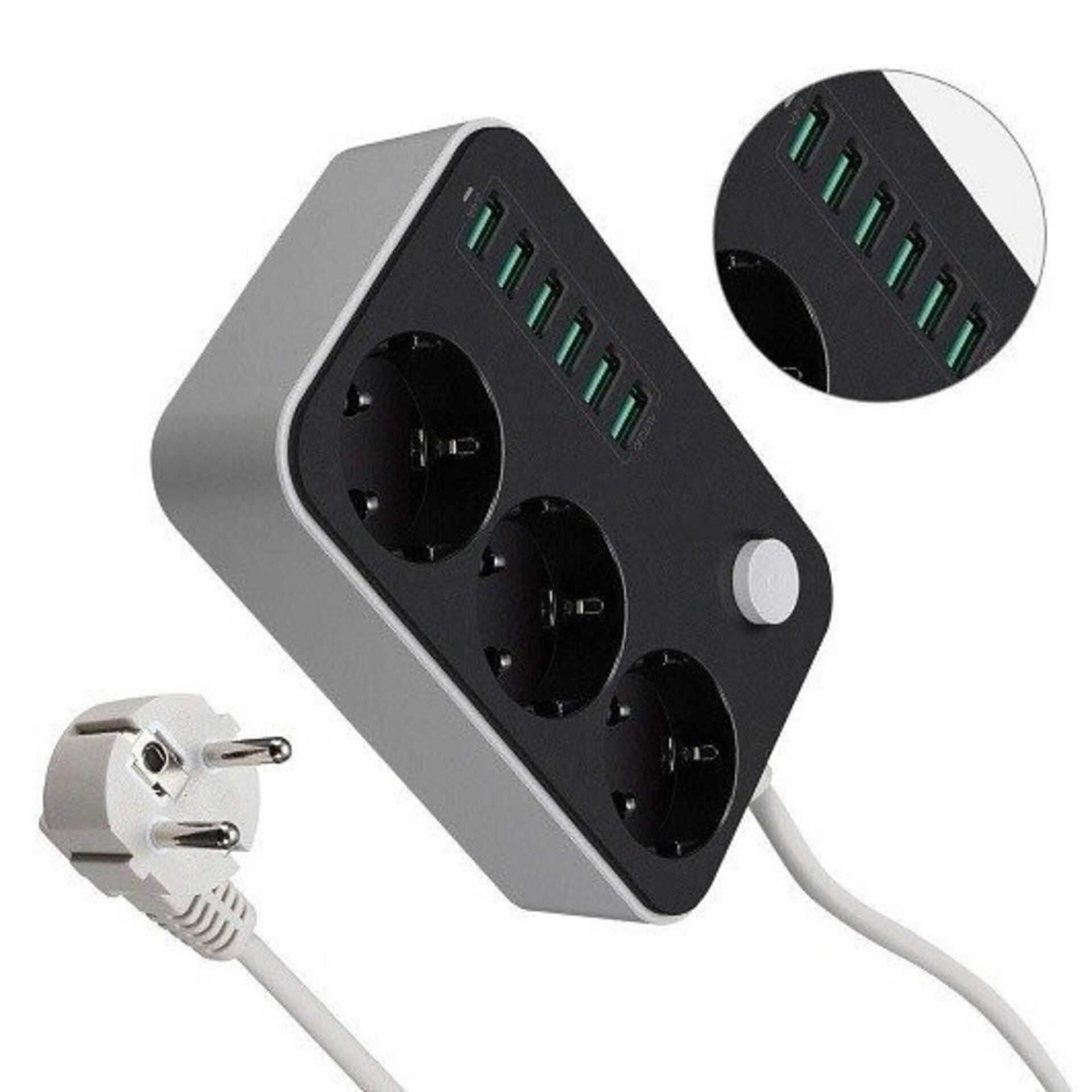 Base Regleta 3 tomas enchufe, 6 USB, interruptor, 1.5m - 1