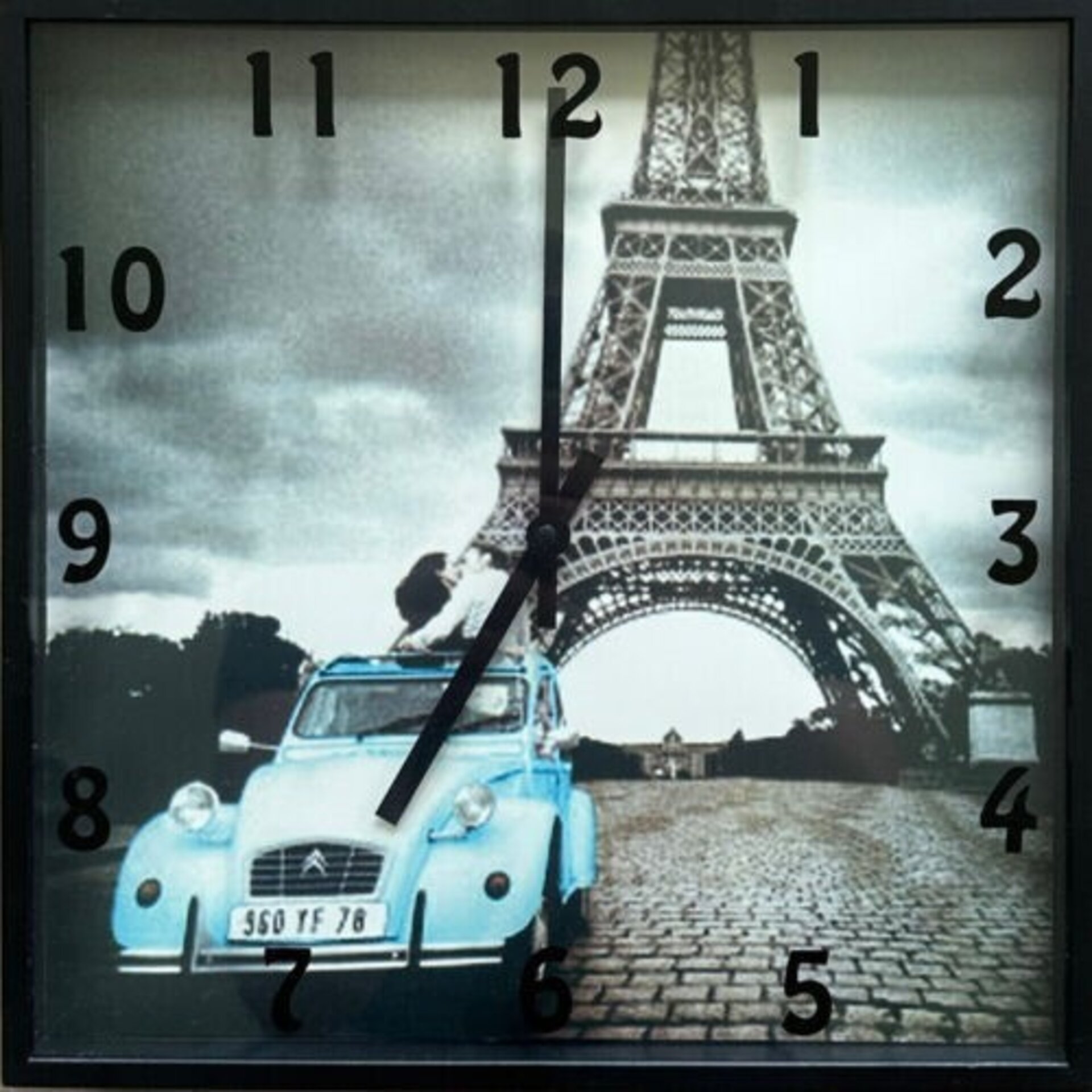 Reloj de pared decorativo 28cm, fondo Torre Eiffel de Paris, coche 2CV - 1