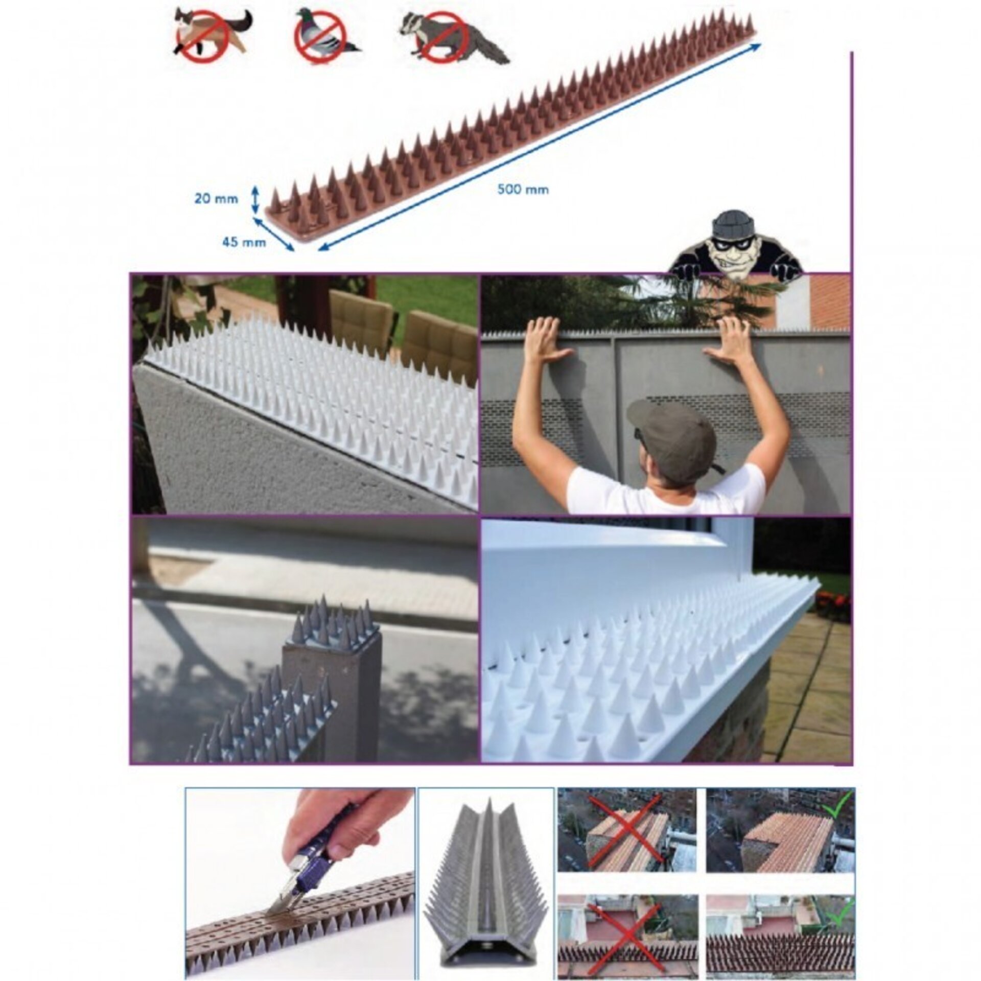 Ahuyentador pinchos, gatos y aves, 0,50m, plastico - 1